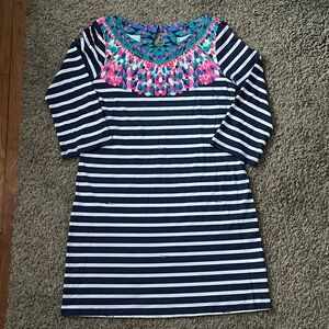 Lilly Pulitzer Navy Striped Dress with Pink, green and Blue Accent neckline
